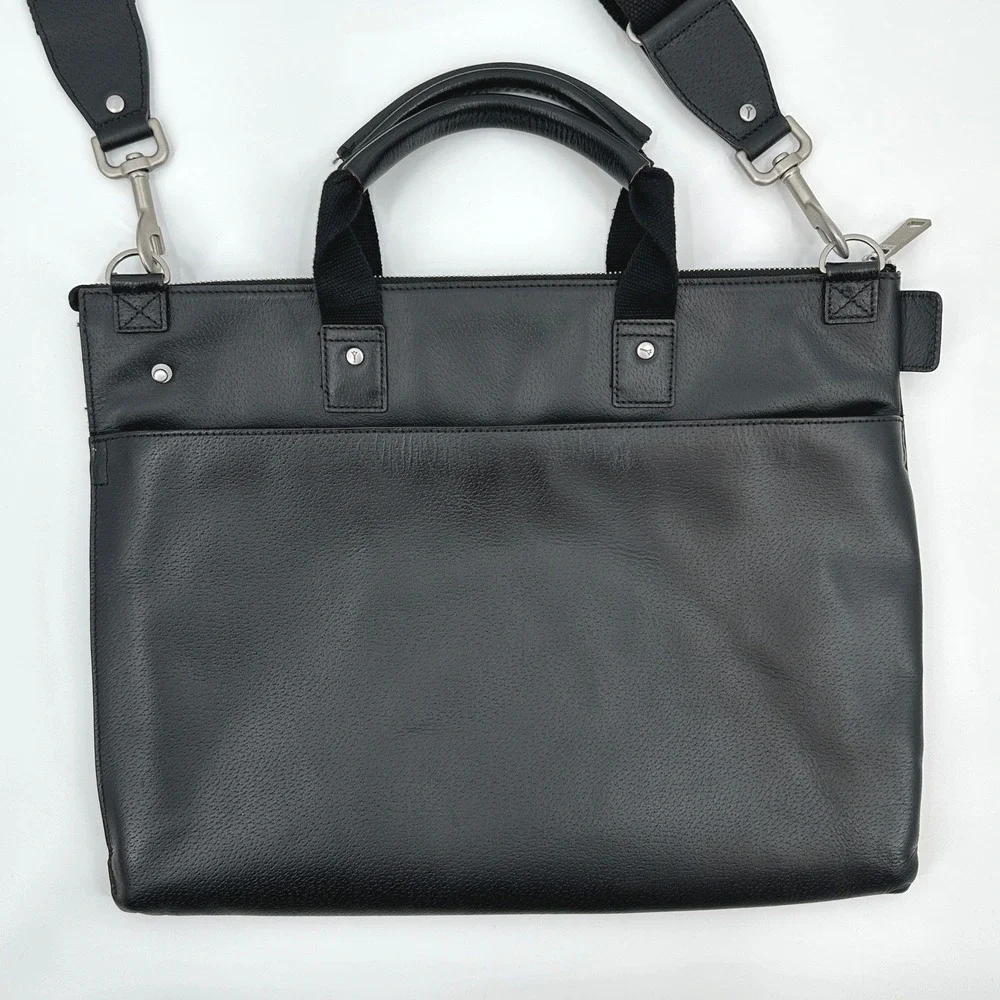 Jack Spade Mens Black Pebbled Leather Slim Briefcase Messenger Bag Crossbody